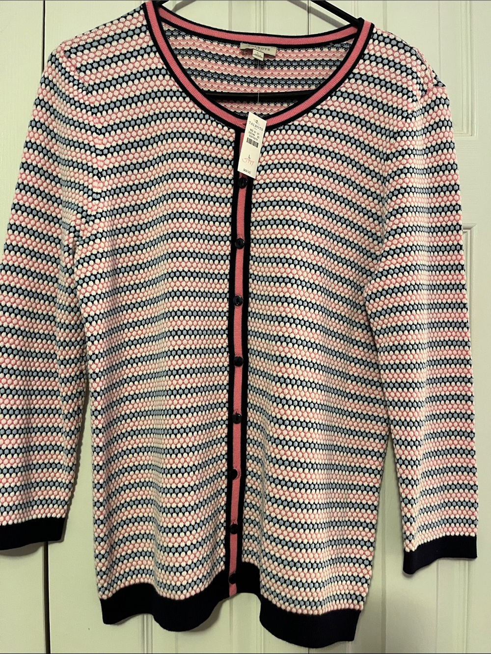 Talbots Pink and Navy Geometric Button Cardigan